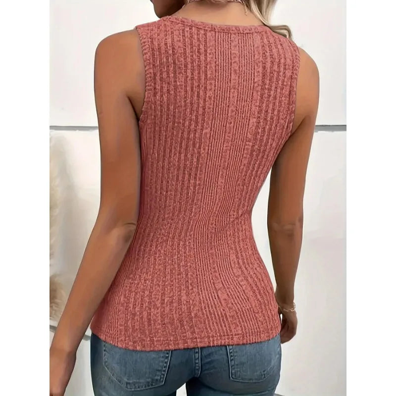 Plus Size Woman's Vest Summer Solid Color Square Neck Buttons Knit Sleeveless Casual Ladies Tops Vests