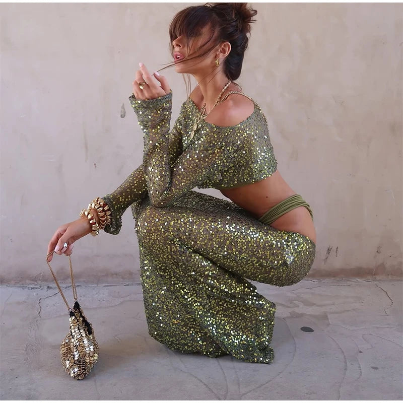 Sexy Sequined Bikini Pants Set Women Sleeveless Backless Halter Cropped Top Wide Leg Pant 2026 Summer Beach Holiday Party Suit