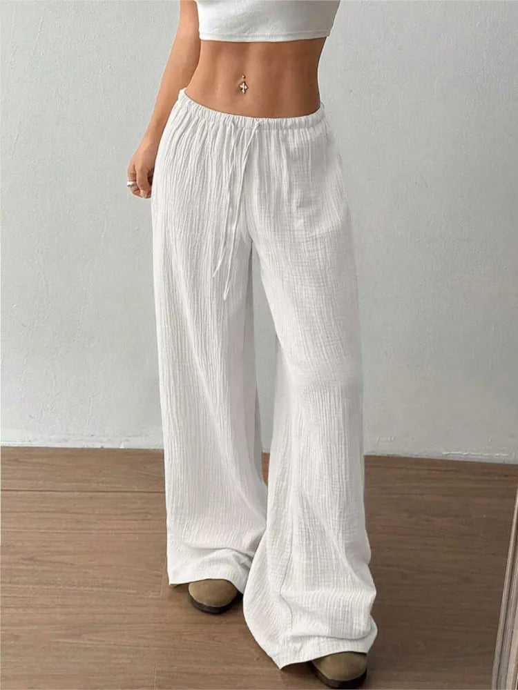Women's Elegant Versatile Elastic Waist Comfortable Casual Pant Slightly Elastic Simple Solid Color High Waist Wide-leg Pants