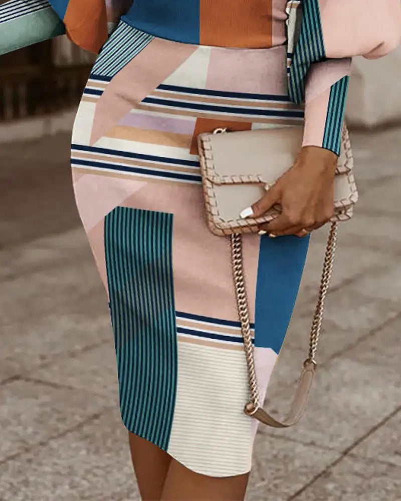 Elegant Women's Maze Printed Long Sleeved Slim Fit Dress 2024 Fashionable Woman Hollowed Out V-neck Cinched Party Club Vestiods