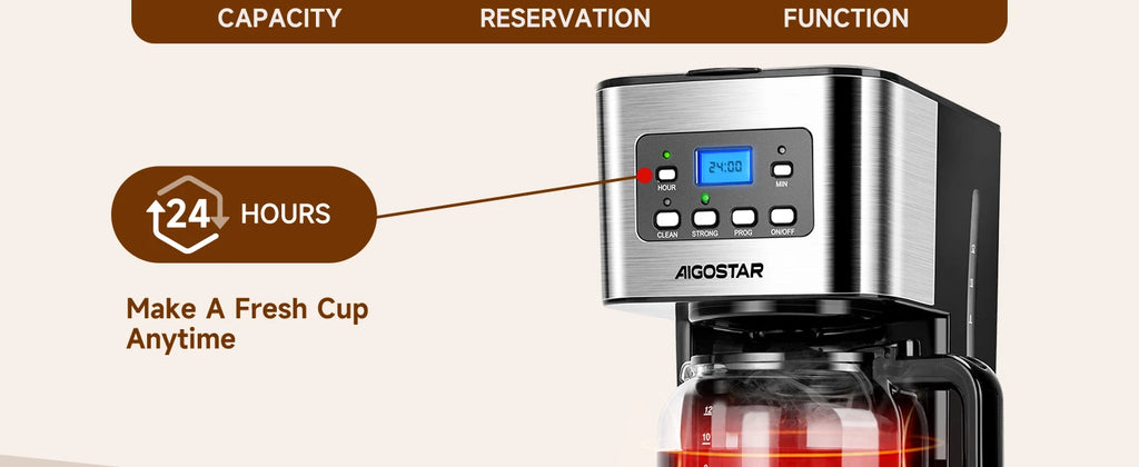 Electric Drip Coffee Maker, with Reusable Filter, Lcd Screen, 24-Hour Programmable, Self-Cleaning, 12-Cup Capacity, 950W