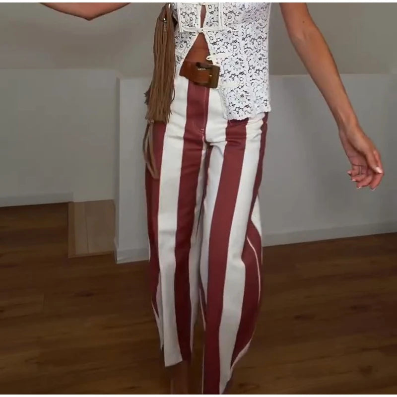 Women's Pants Bohemian Colorful Striped Panelled Wide Leg Trousers Fashion Lady High Waist Multi-color Slim Partywear Streetwear