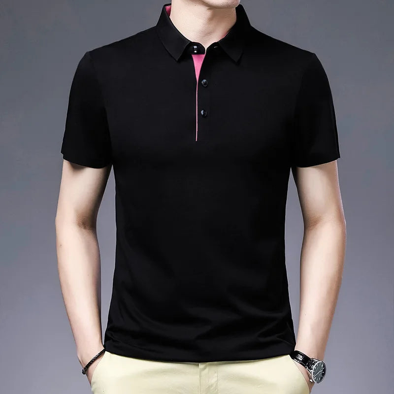 Bamboo Fiber Viscose And Cotton Blend Polo Shirt Men Short Sleeve Collar New Seamless T-shirt Summer Thin Lightweight Poloshirt