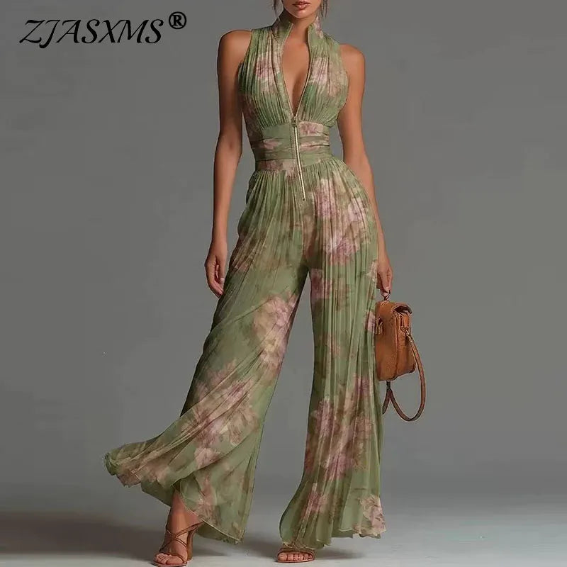 Sexy Deep V Neck Hollow Zip Jumpsuit Women's Spring Solid High Waist Wide Leg Romper Summer Sleeveless Pleated Vacation Overalls