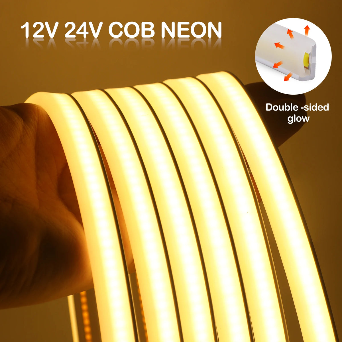 IP65 Waterproof COB LED Neon Strip 12V 24V 320Leds/M for Room Warm/Natural/Cool White Flexible Ribbon LED Light for Garden Decor