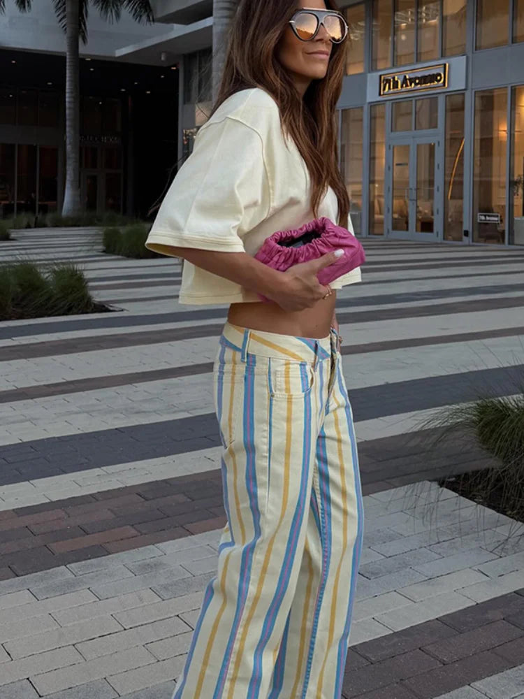 Colorful Striped Wide Leg Trousers Women Bohemian High Waist Multi-color Panelled Slim Straight Pants Fashion Lady Beachwear New