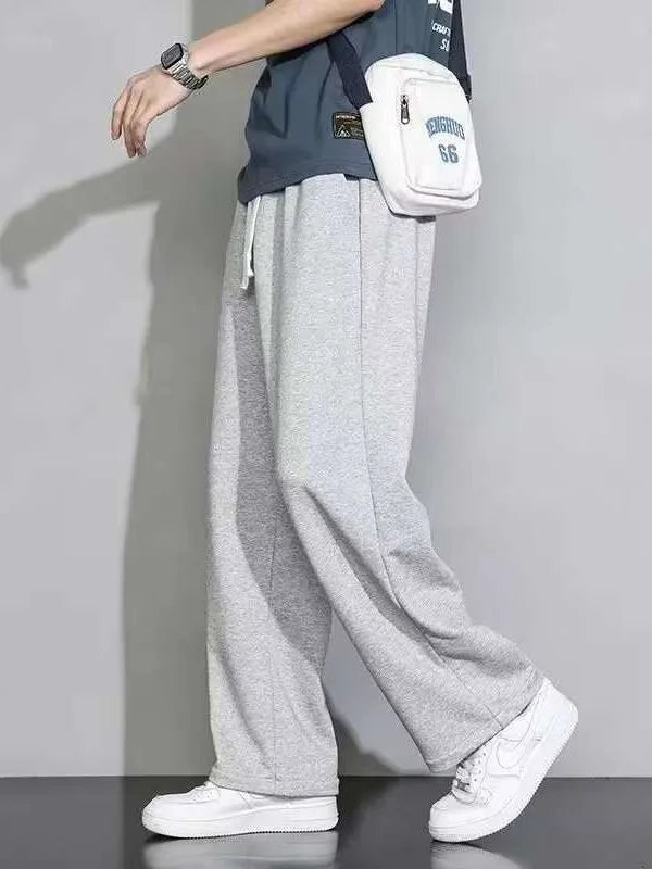Men's Casual Straight Leg Drawstring Sweatpants Versatile Leisure Long Trousers Student Sports Pants Polyester Fiber Elastic