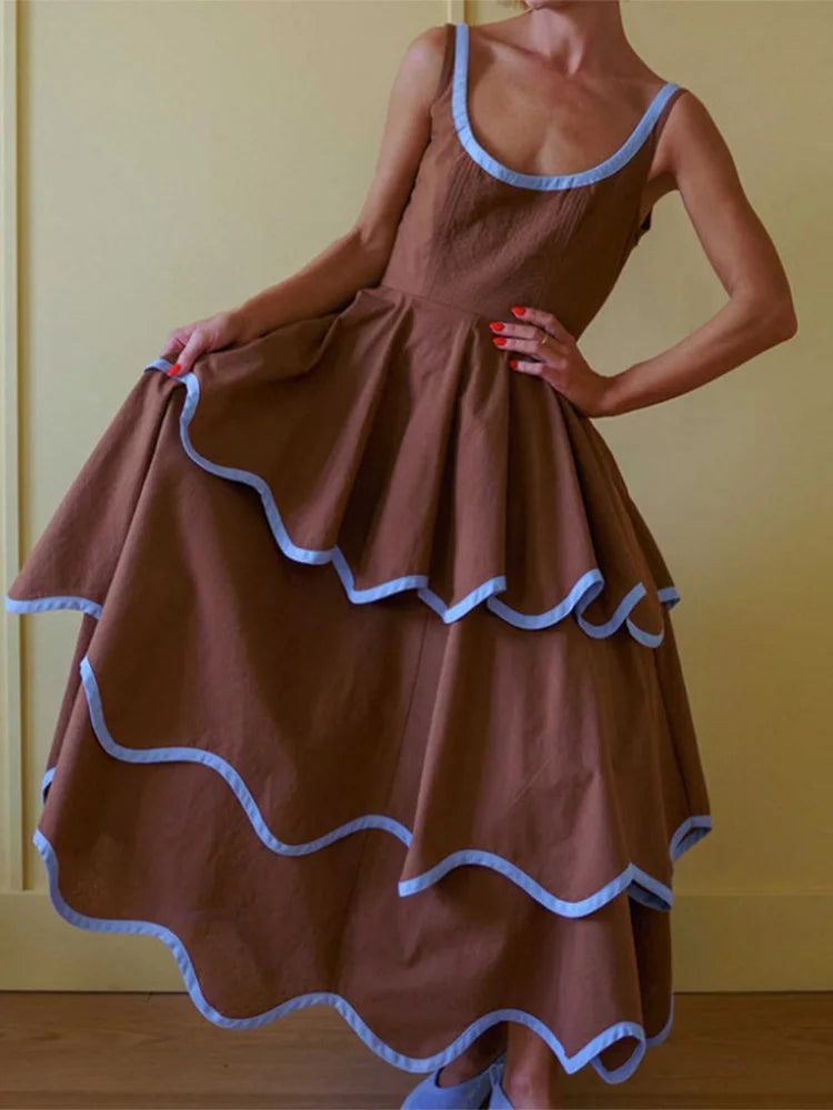Fashion Women's Dress Round Neck Strapless Sleeveless Cascading Ruffled Hem Dresses Chic 2026 Summer New Daily Wear Ladies Robes