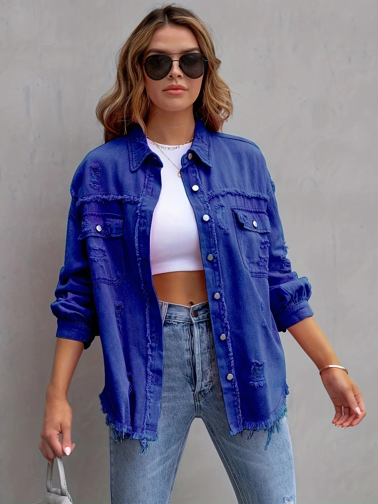 Women's Fashionable Solid Color Mid-Length Ripped Denim Jacket Long-Sleeved Spring Autumn Trend