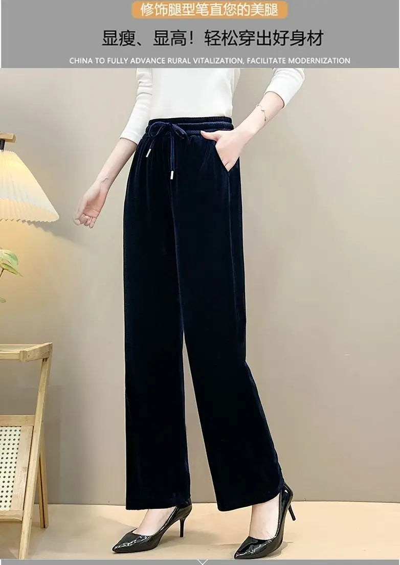 Women Drawstring High Waist Velvet Wide Leg Long Pants