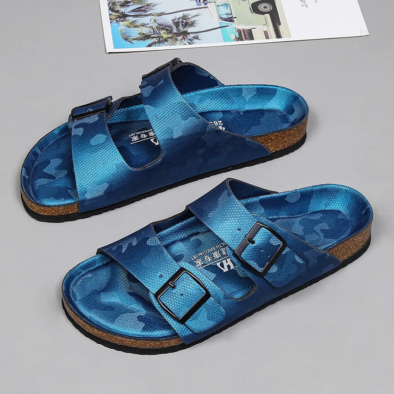 Summer Men Women Cork Slippers Clogs Microfiber Leather Slides Casual Slip On Sandal Double Buckle