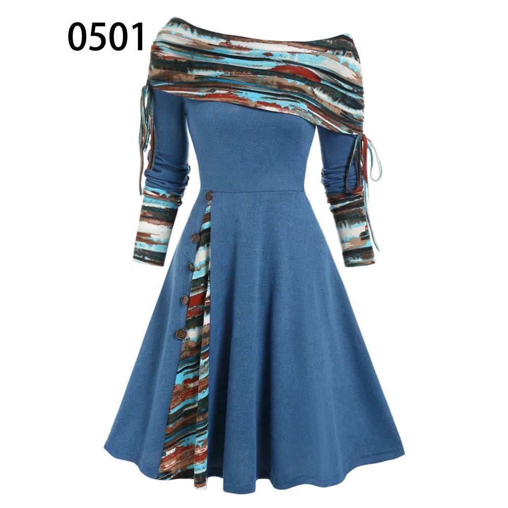 Convertible Cinched Striped Flare Dress Foldover Off The Shoulder Knitted Dresses Women 2023 Long Sleeve Jurken