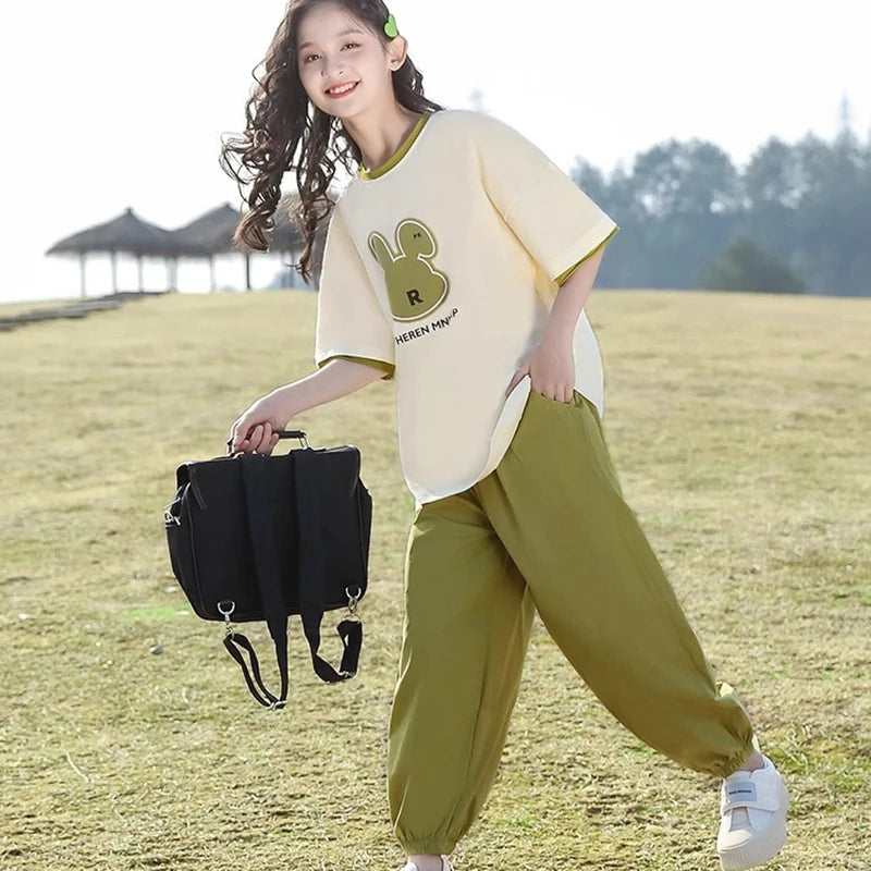 5 6 8 10 12 14 Years Summer Girls Clothing Sets Cute Rabbit Tops + Pants 2Pcs Outfits Kids Tracksuit Teenagers New Kids Clothes