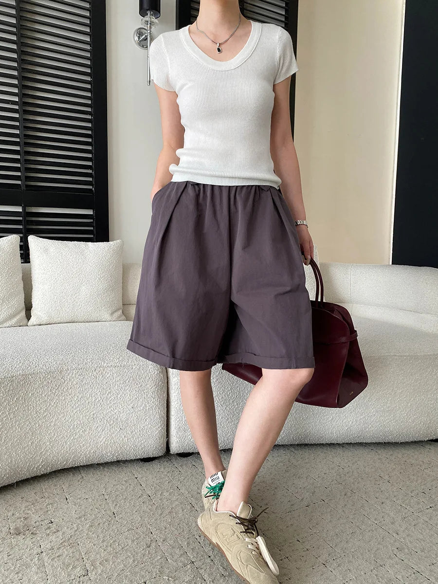 Summer women's relaxed loose wide leg A-line casual shorts versatile