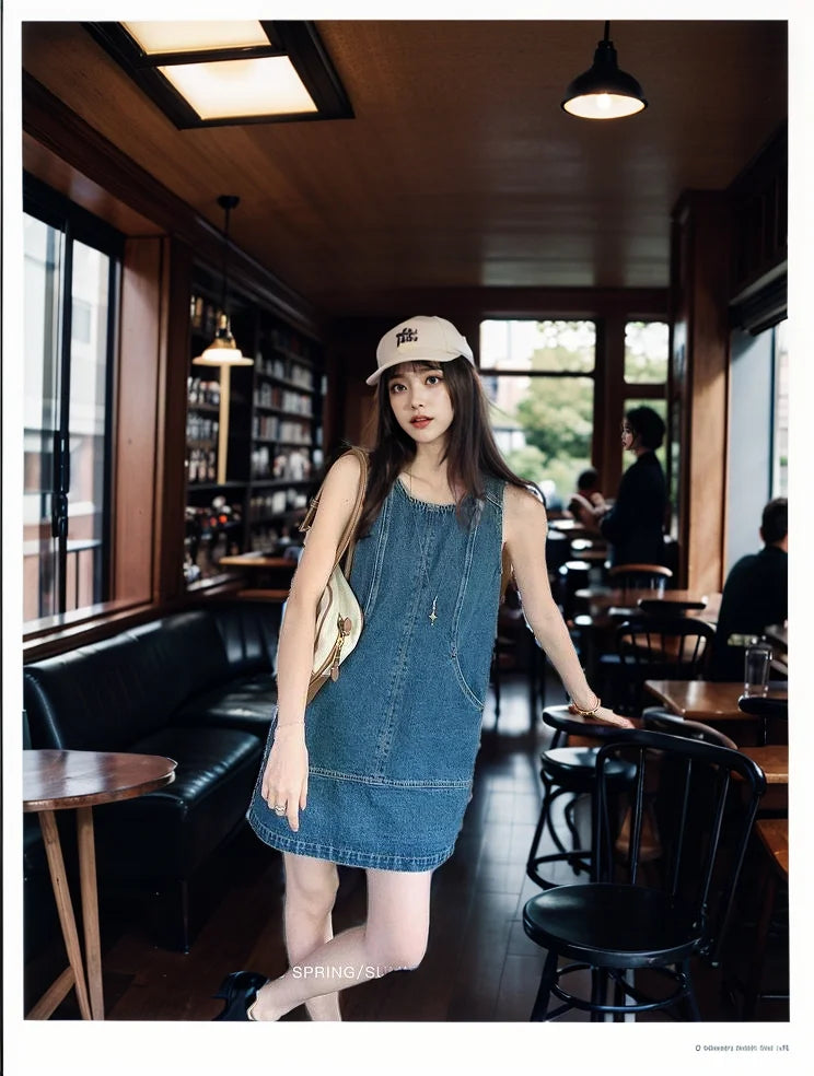 Retro Vest Denim Dress 2025 Summer Fashion Temperament Stitching A Word Street Style Women's Short Skirt