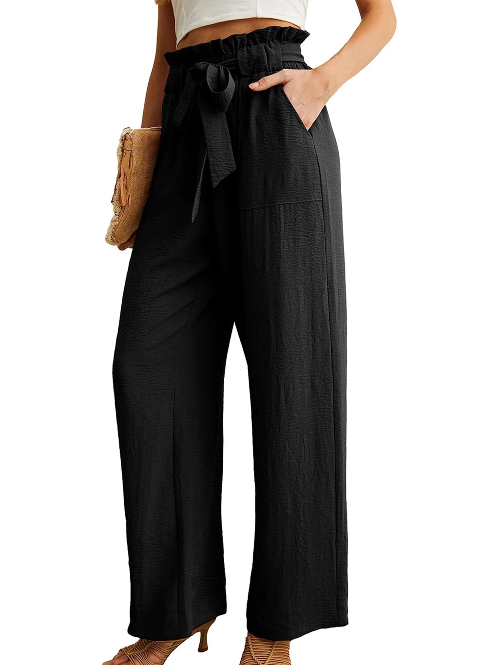 Women's High Waist Wide Leg Casual Pants with Pockets Adjustable Drawstring Loose Slimming Comfortable for Vacation
