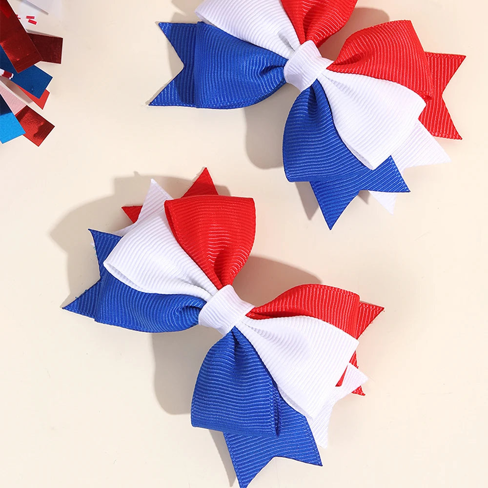 2Pcs USA Flag Bow Hair Clip Ribbon Patriotic American Flag Design Red White Blue Bow Barrettes For 4th Of July Party Accessories