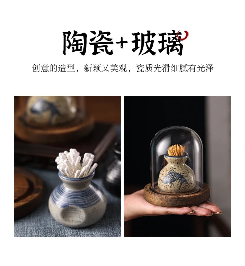 Japanese Retro Toothpick Box Home Toothpick Cotton Swabs Jar Ceramic Pot Glass Dust Cover Modern Exquisite Decoration Modern