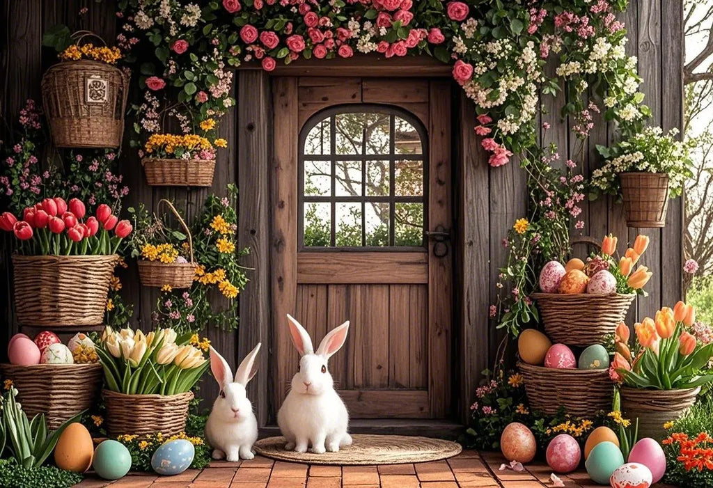 Happy Easter Day Photography Background Blue Wood Board Easter Egg Spring Flower Rabbit Kid Birthday Portrait Photocall Backdrop