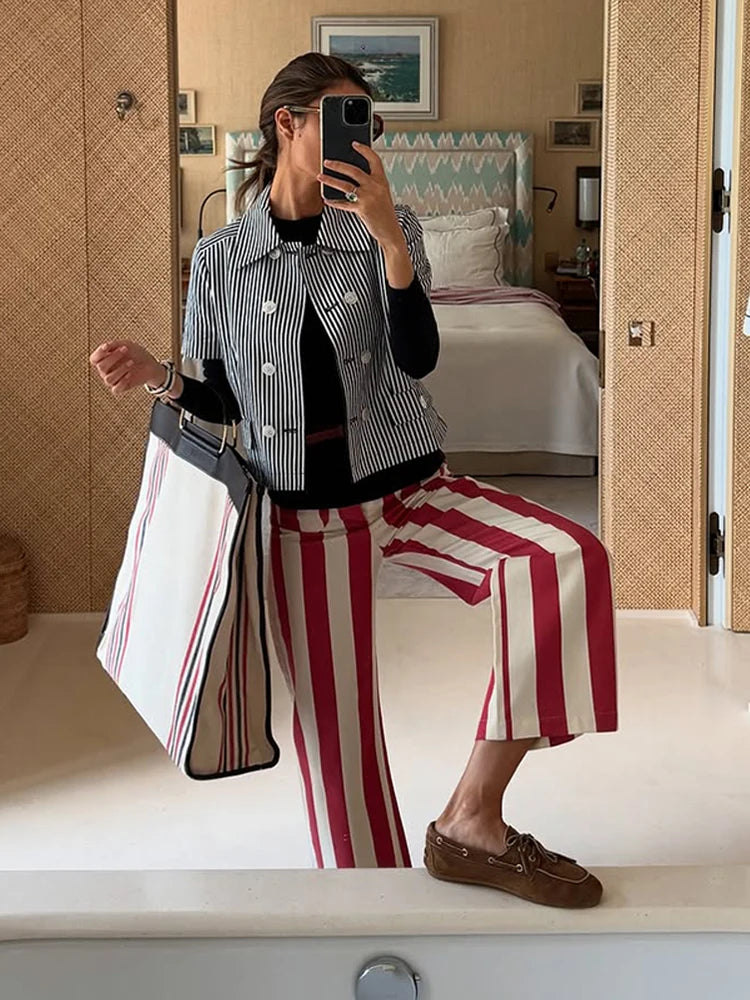 Striped Zipper High-Waisted Trousers Slim Fit Flare Leg Double Pocket 2026 Summer Casual Women Bottom Fashion Chic Lady Pants