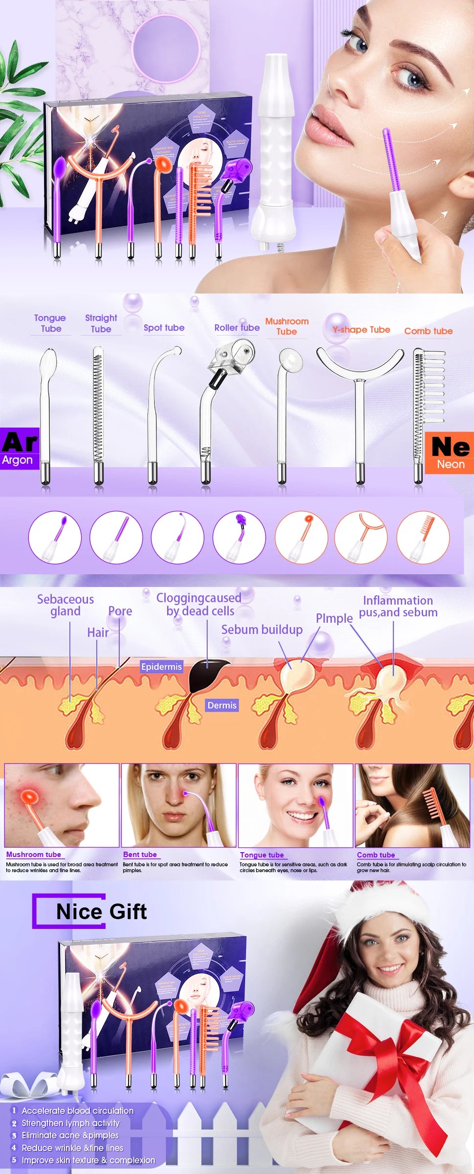 7 in 1 High Frequency Beauty Machine/ Professional Portable Handheld High Frequency Facial Skin Beauty Machine