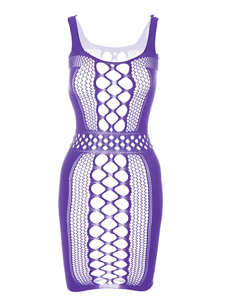 Women Fashion One-piece Bodycon Dress Ladies Erotic Fishing Net See Through Hollow Tight Lingerie Sexy Transparent Short Skirt