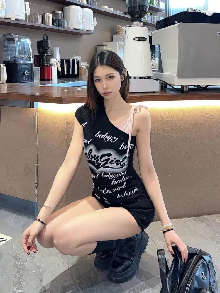 Y2k Black Pink Fake Two-piece Off Shoulder Short sleeve T Shirt Women Sexy Summer Top Lady Bachelorette Party Crop Shirt Korea