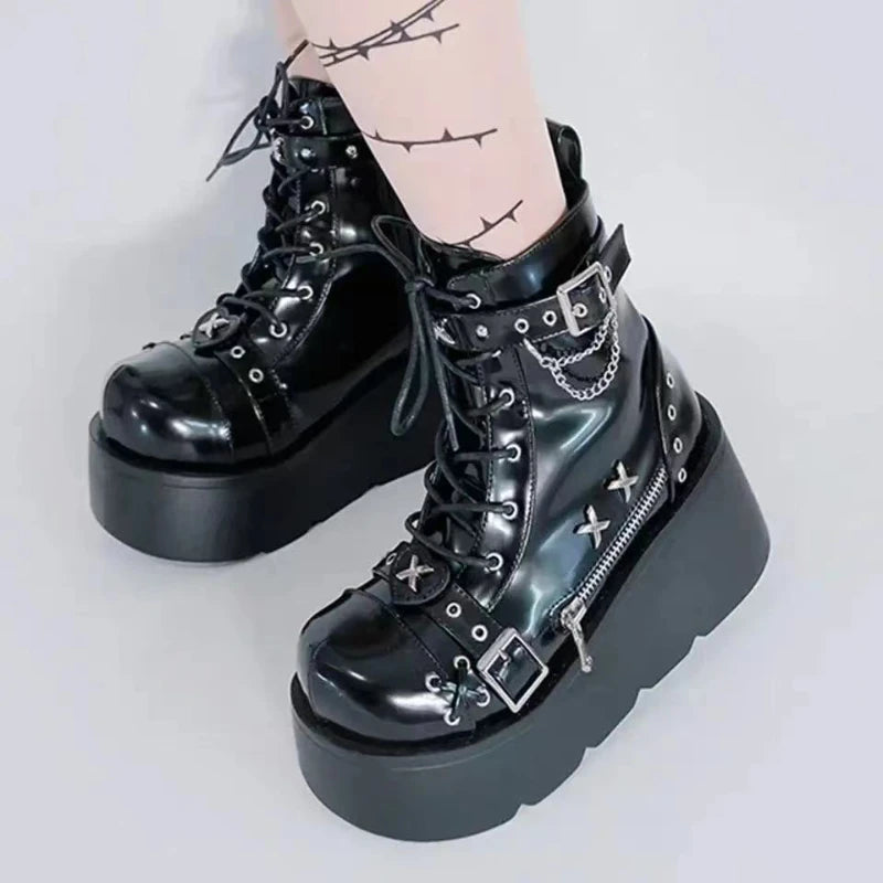 New Gothic Style Platform Vampire Cosplay Women Mid-calf Boots 2026 Winter Wedges Comfy Women Motorcycle Boots Shoes