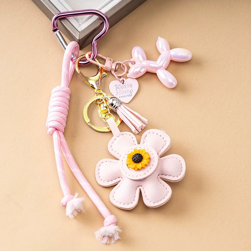 Creative Key Pendant Leather Sunflower Braided Rope Handing Pendant Girl's Bag Charms Women Keyring Hanging Ornament
