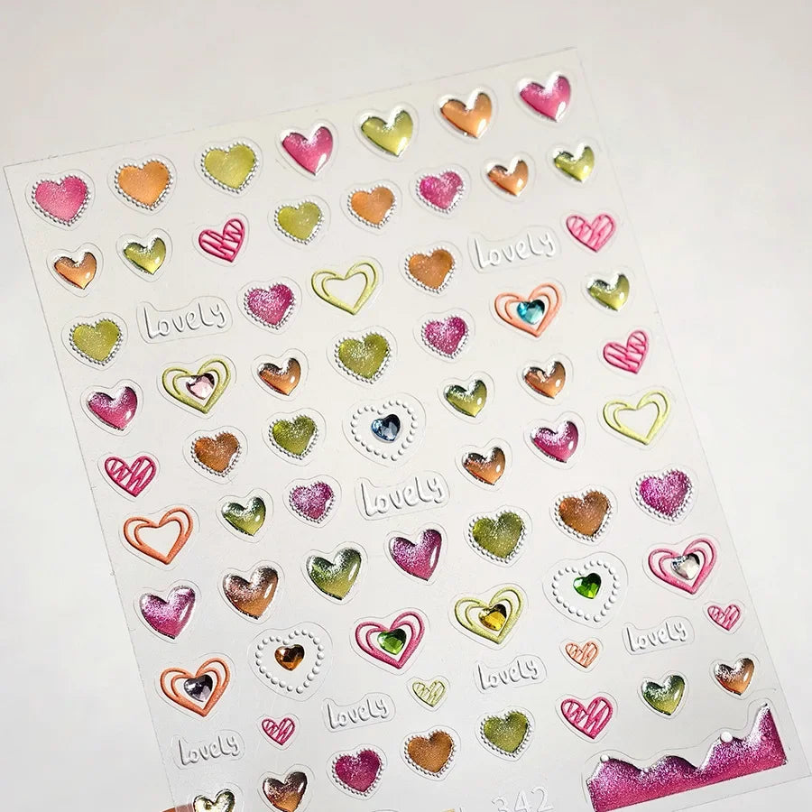 5D Gradient Love Gem Glitter Love Heart Colorful Cat's Eye Rhinestone Soft Self Adhesive Nail Art Stickers Shiny Manicure Decals