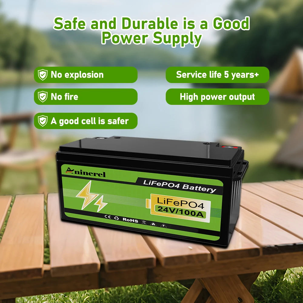 Aninerel  24V 100Ah 2560Wh Lithium LiFePO4 Battery with 100A BMS Perfect for RV Golf Cart Solar Power System Trolling Motor