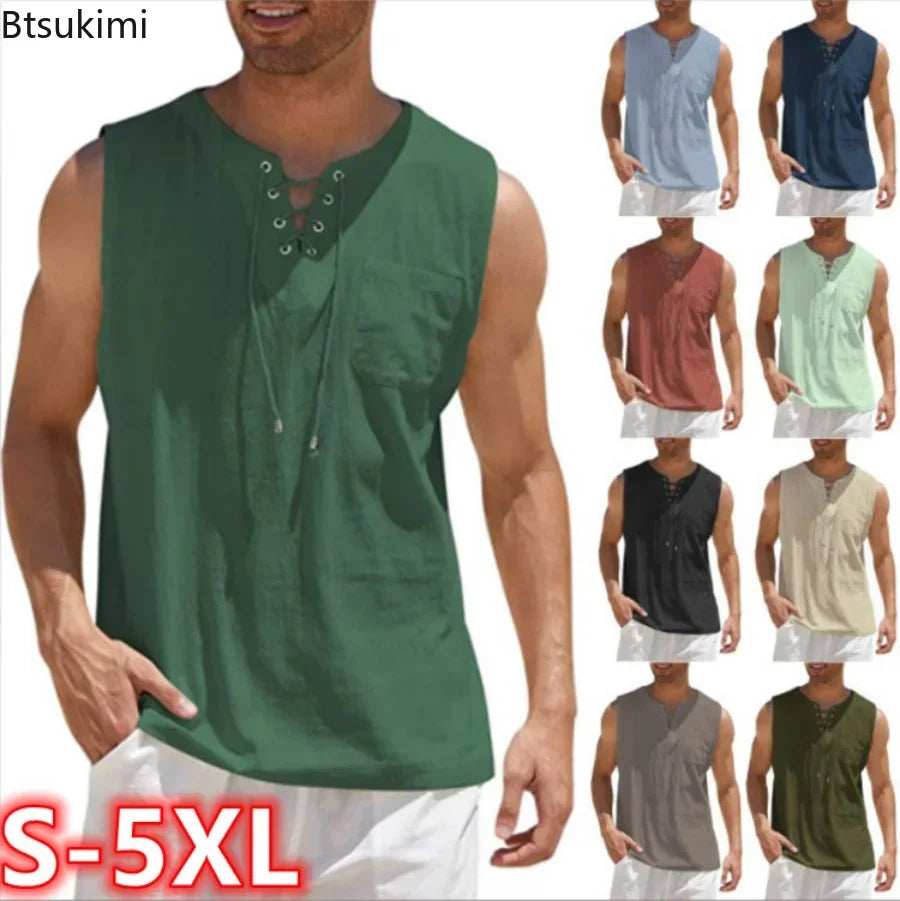 New 2026 Men's Casual Cotton Linen Tank Tops Men Drawstring V Neck Sleeveless Shirts Summer Casual Shirt Gym Fitness Vest Tops