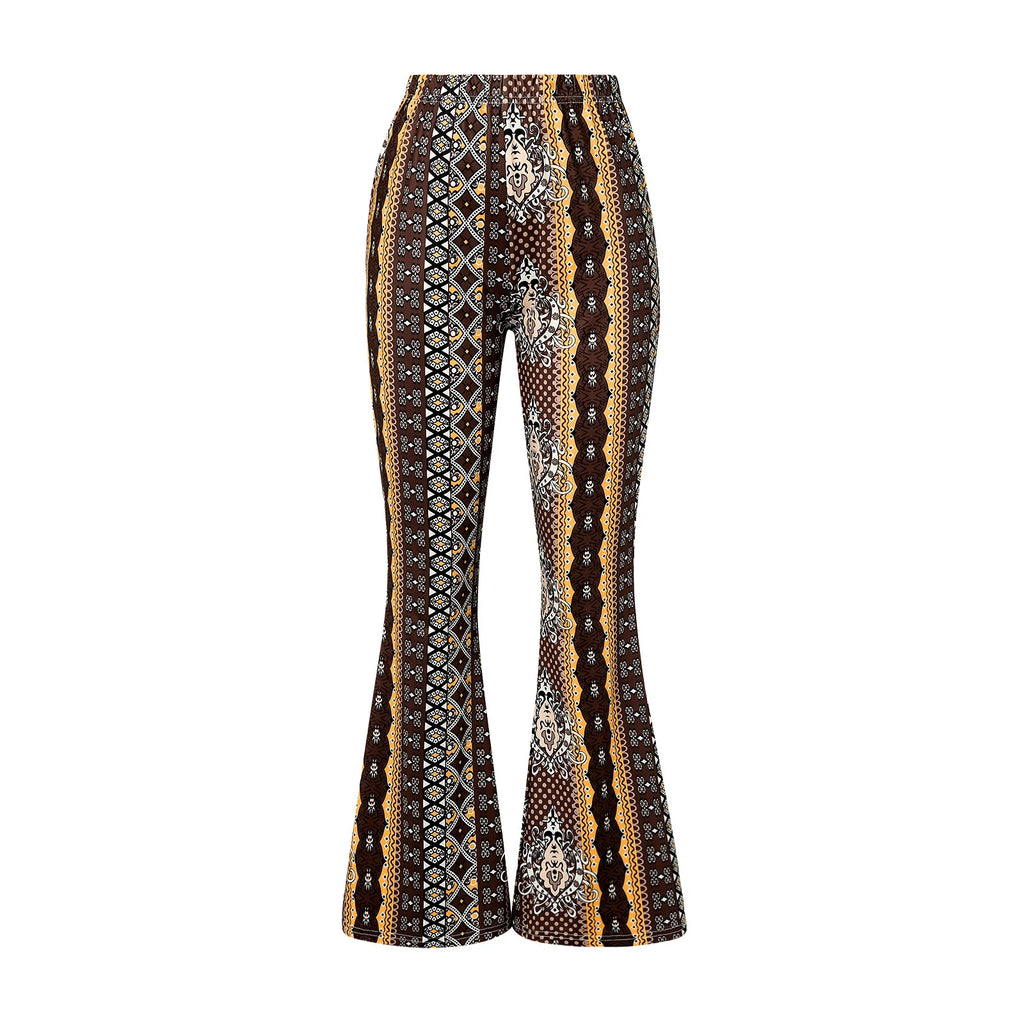 Women Spring Summer Floral Print Elastic Waist Flare Pants Casual High Waist Slimming Long Pants Trousers Leggings Streetwear