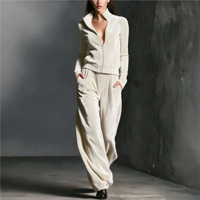 Autumn Winter Warm Gold Velvet Two Piece Set Women's Fashion Solid Stand Zipper Cardigan+Pants Sports Suit Ladies Casual Outfit