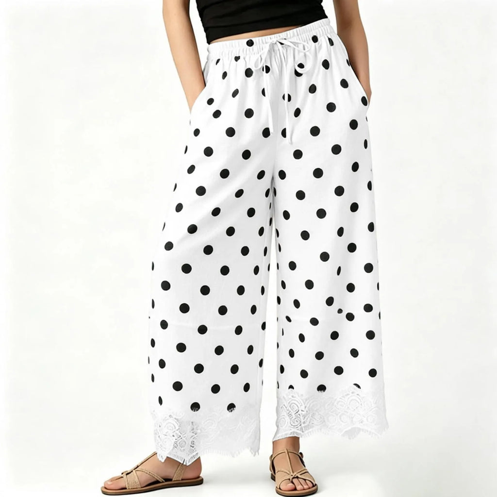Vintage Polka Dot Women's Pants Lace Hem Loose Wide Leg Pants Drawstring Elastic Waist Side Pocket Baggy Trousers Pantalones