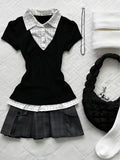 Women Retro Sweet Two‑Piece Outfit Plaid Short Sleeve Top High Waist Pleated Skirt Y2K Harajuku Style Hot Girl Summer Daily Suit