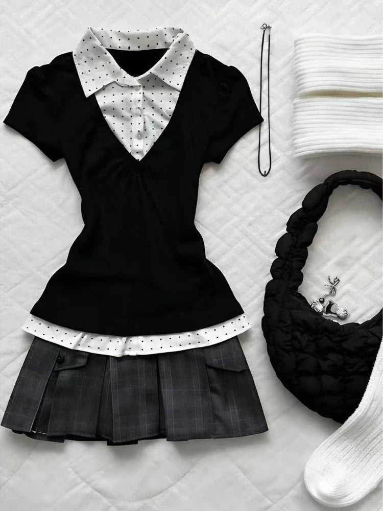 Women Retro Sweet Two‑Piece Outfit Plaid Short Sleeve Top High Waist Pleated Skirt Y2K Harajuku Style Hot Girl Summer Daily Suit