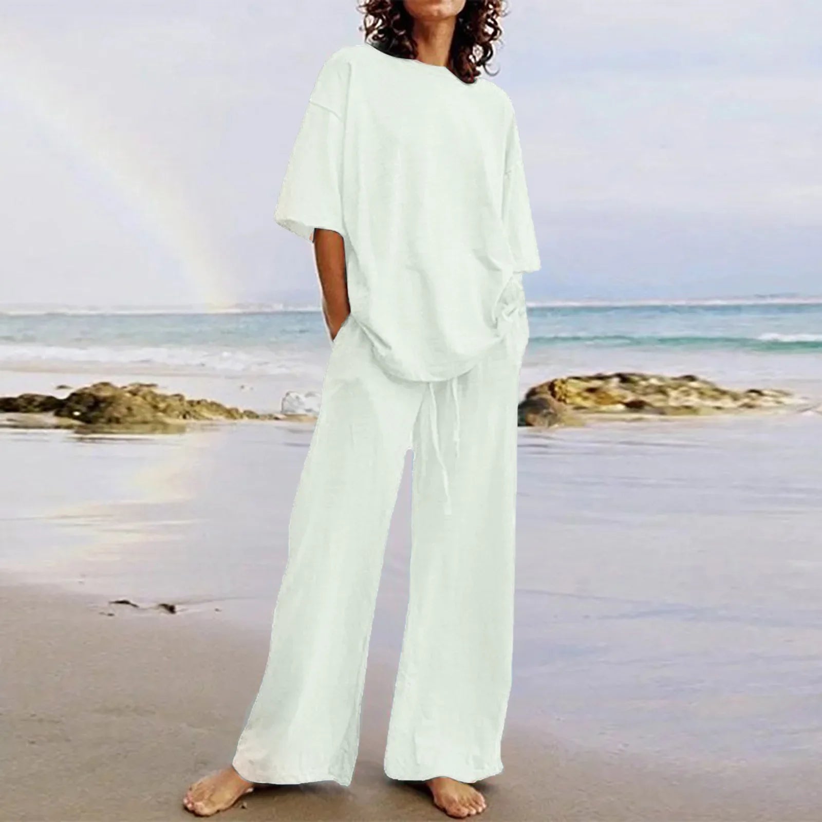 Fashion Women's 2-piece Set 2024 Summer Casual Pocket Set Half Sleeve O-Neck Top and Wide Leg Large Outline Pants Set