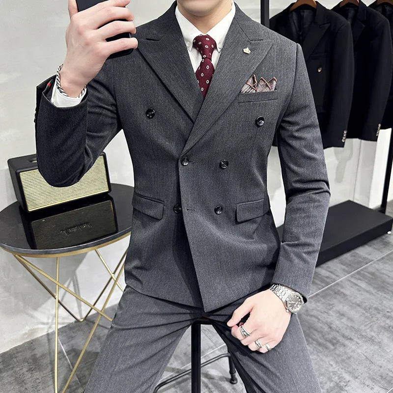 S-7XL ( Blazer + Vest + Pants ) Striped Plaid Solid Color Mens Formal Business Suit 3Pcs Set Groom Wedding Social Show Dress