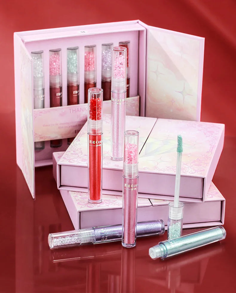 Pearlized Diamond Lip Oil Gloss Set 6 Shades Waterproof Moisturizing High Shine Lipgloss Luxe Gift Box for Women