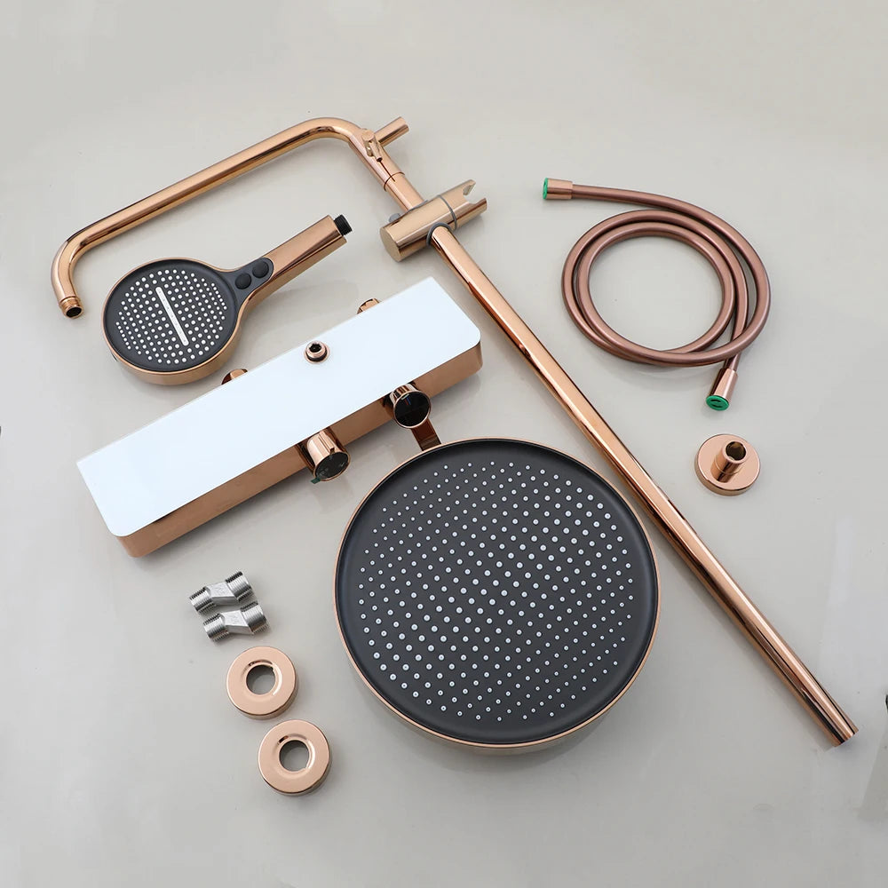 KEMAIDI Rose Gold Bathroom Shower Set Rainfall Hot And Cold Control Multifunctional Bath Shower Faucet System W/ Hand Shower