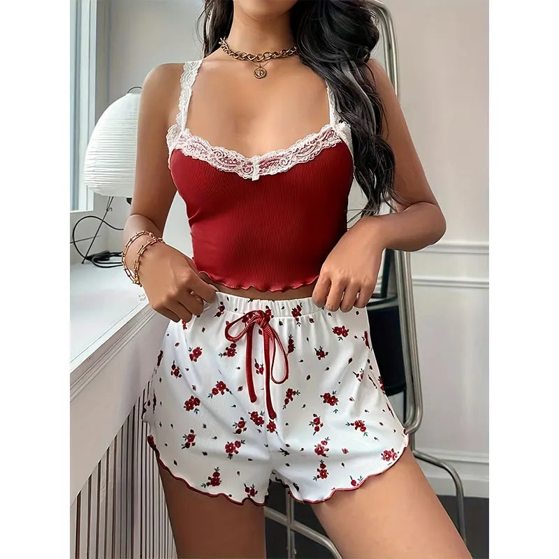 2026 Women Sexy Lace Vest Shorts Pajamas Women's Slim Fit Two-piece Home Outfit Summer Low Rise Casual Print Short Pants Top Set
