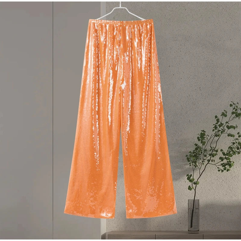 Street Sequin Loose Lace Up Pants Women Elastic Waist Wide Leg Trousers Female 2026 Spring Summer Lady Shiny Party Club Clothes