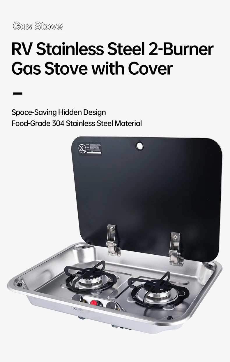 2 Burner Built-in RV Gas Stove Stainless Steel Camper Cooktop for Caravan Trailer Motorhome Van Kitchen