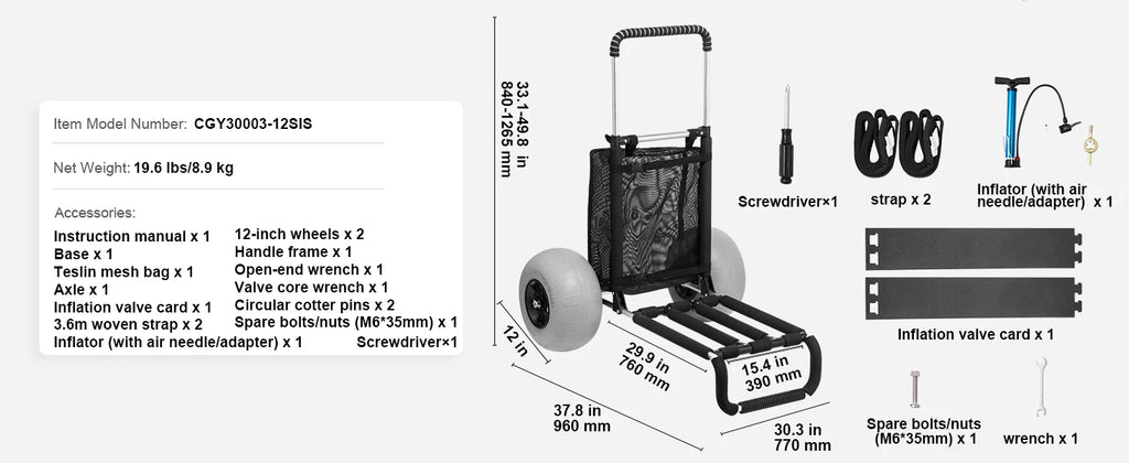 SucceBuy Beach Dolly with Big Wheels for Sand 165LBS Loading Capacity Folding Sand Cart with Cargo Deck Balloon Wheels for Beach