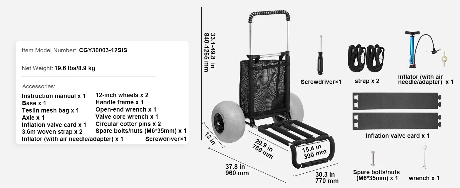 SucceBuy Beach Dolly with Big Wheels for Sand 165LBS Loading Capacity Folding Sand Cart with Cargo Deck Balloon Wheels for Beach