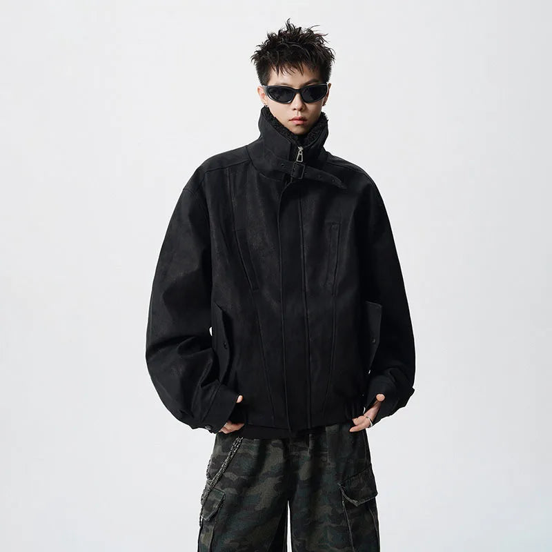 WTHT Fashion Men‘s Plush Spliced Thicken Design Loose Coats Trendy 2025 Autumn Solid Color Laple Casual Jackets Male 2A2218
