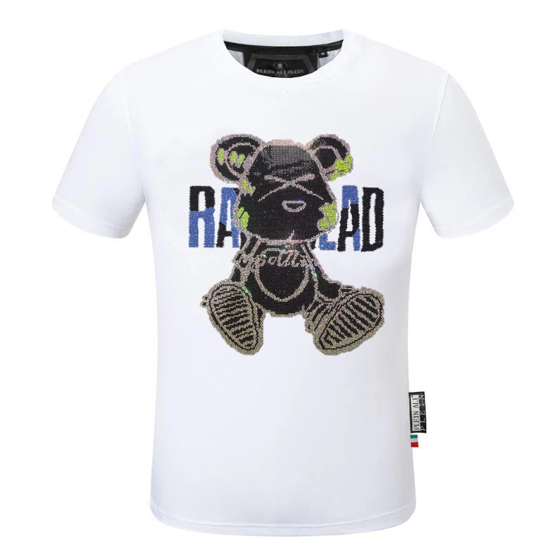 2025 Summer New Luxury Men's Fashion Skull Design Rhinestones T-Shirt Pure Cotton Crew-Neck Casual High Quality