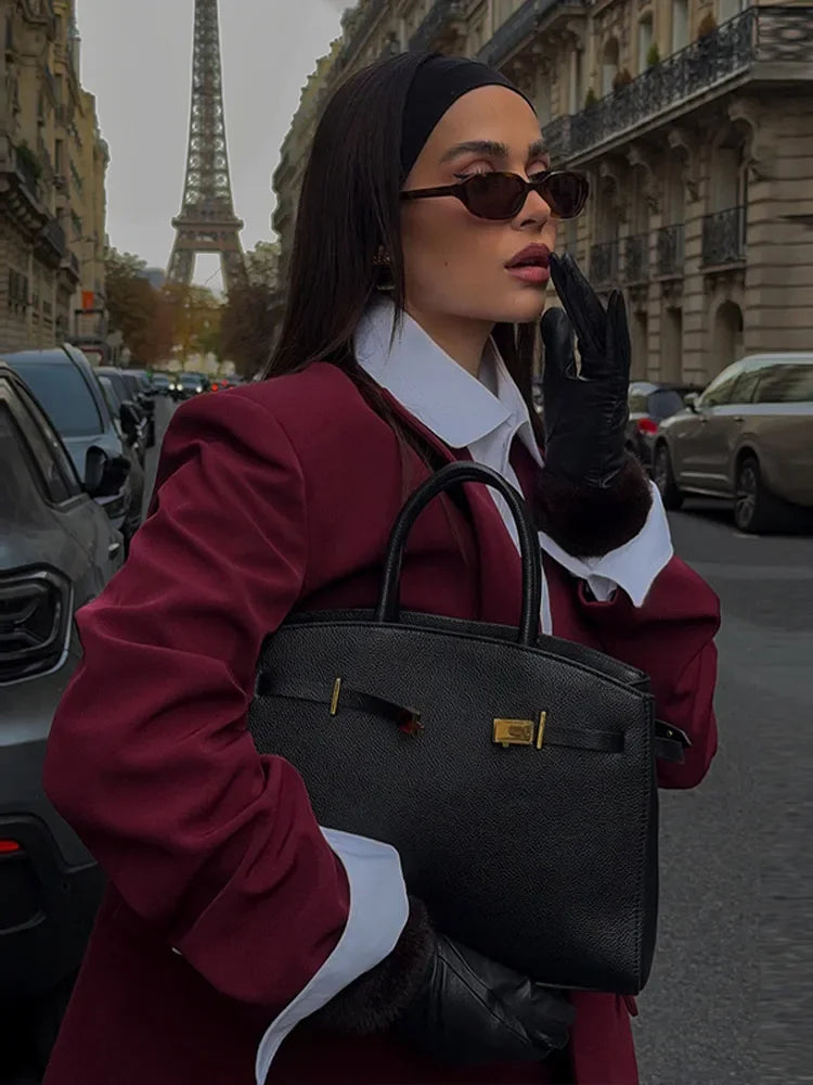 Woman's elegant Wine red suit jacket chic Long sleeved shoulder coat 2026 Fashionable commuting outfits streetwear