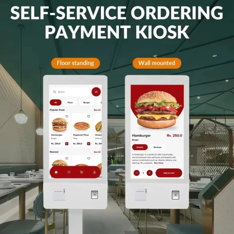 32-Inch interactive digital signage kiosk for self-service ordering and payment systems in restaurants and cafeterias